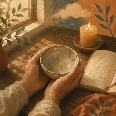Hands Holding Kintsugi Repaired Ceramic Bowl