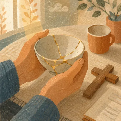 Hands Holding Kintsugi Bowl in Morning Light
