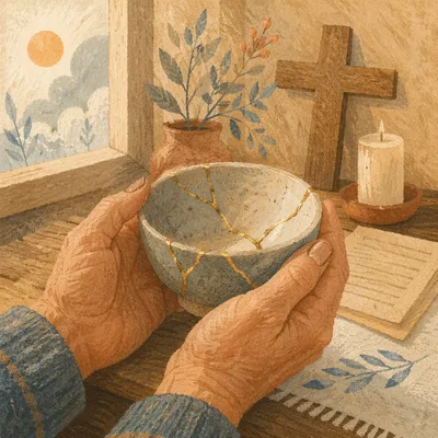 Hands Holding Kintsugi Bowl in Prayer Corner