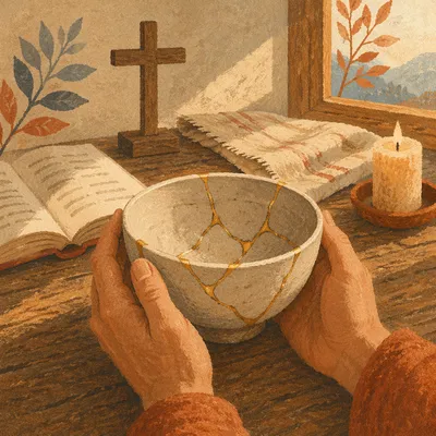 Hands Holding Kintsugi Bowl in Morning Prayer