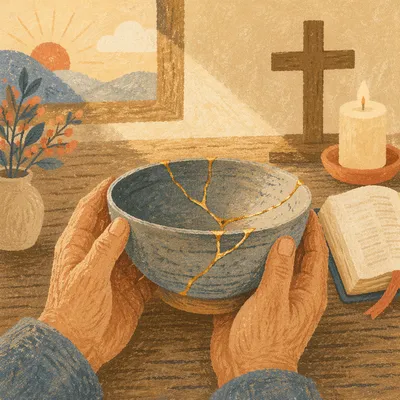 Hands Holding Kintsugi Bowl in Morning Light