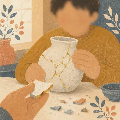 Hands Repairing Broken Pottery with Kintsugi