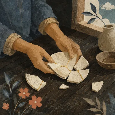 Hands Holding Broken Pottery with Kintsugi