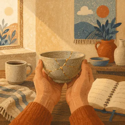 Hands Holding Kintsugi Bowl in Morning Light