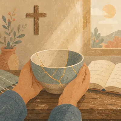 Hands Holding Kintsugi Bowl in Morning Grace