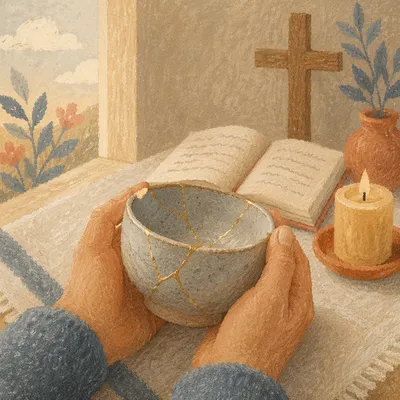 Hands Holding Kintsugi Bowl in Prayer Corner