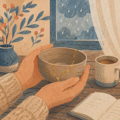 Hands Holding Kintsugi Bowl in Morning Light