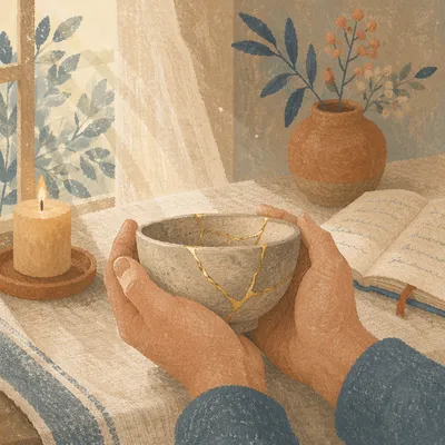 Hands Holding Kintsugi Bowl in Morning Light