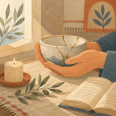Hands Holding Kintsugi Bowl in Morning Light