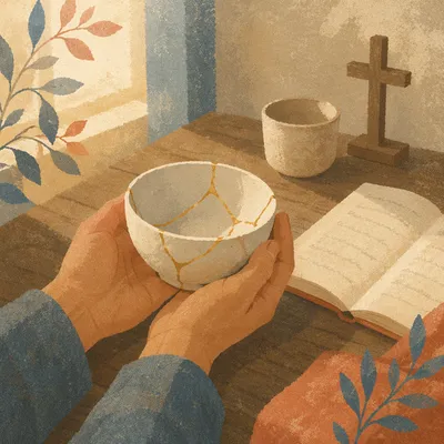 Hands Holding Kintsugi Bowl in Prayer Corner