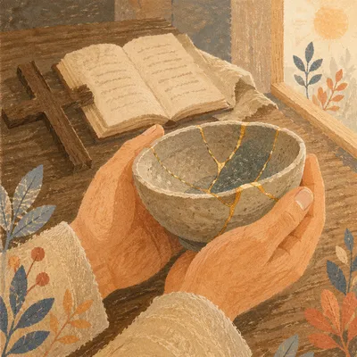 Hands Holding Kintsugi Bowl in Prayer