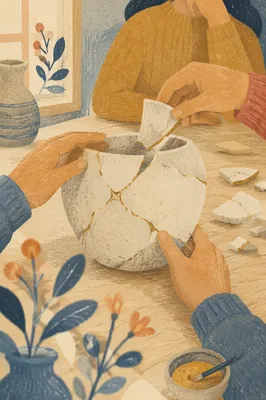 Hands Repairing Kintsugi Ceramic Vessel