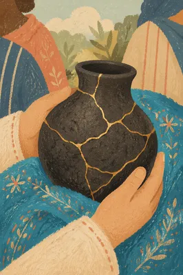 Hands Holding Gold Repaired Kintsugi Pottery