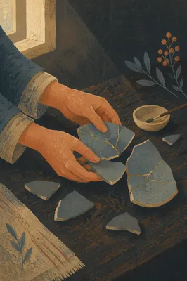 Hands Repairing Broken Pottery with Gold Seams