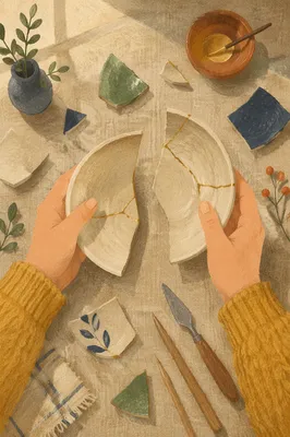 Hands Holding Broken Pottery for Kintsugi Repair