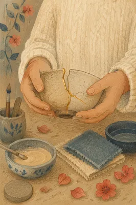 Hands Holding Kintsugi Repaired Ceramic Bowl