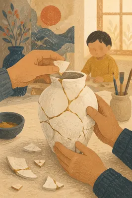 Hands Repairing Kintsugi Vase in Warm Light