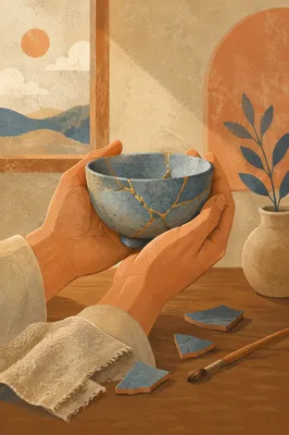 Hands Holding Kintsugi Repaired Broken Pottery