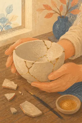 Hands Holding Kintsugi Repaired Pottery Bowl