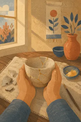 Hands Holding Kintsugi Repaired Pottery Bowl