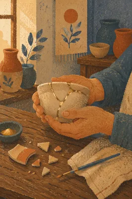 Hands Holding Kintsugi Repaired Pottery Bowl