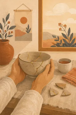 Hands Holding Kintsugi Repaired Pottery Bowl