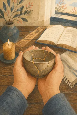 Hands Holding Kintsugi Bowl in Prayer Corner