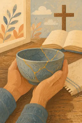 Hands Holding Kintsugi Bowl in Morning Devotion
