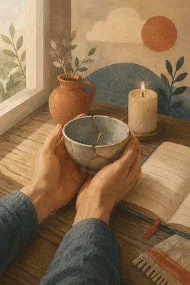 Hands Holding Kintsugi Bowl in Morning Light