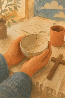 Hands Holding Kintsugi Bowl of Healing Faith