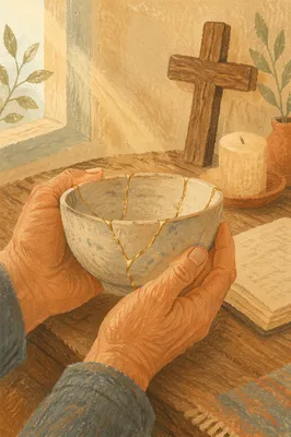 Hands Holding Kintsugi Bowl in Morning Prayer