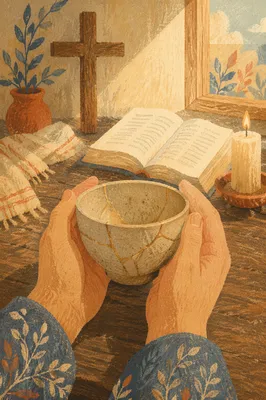 Hands Holding Kintsugi Bowl in Morning Prayer