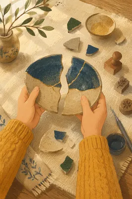 Hands Holding Broken Pottery for Kintsugi