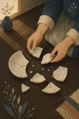 Hands Arranging Broken Pottery for Kintsugi