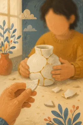 Hands Repairing Broken Pottery with Kintsugi