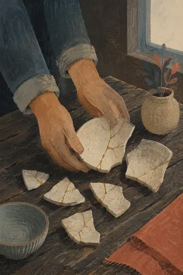 Hands Holding Broken Pottery with Kintsugi