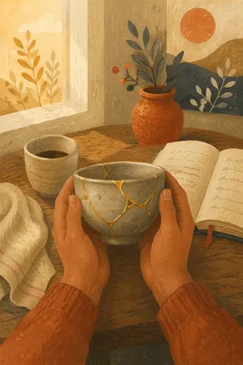 Hands Holding Kintsugi Bowl in Morning Reflection