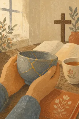 Hands Holding Kintsugi Bowl in Morning Prayer