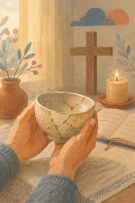 Hands Holding Kintsugi Bowl in Prayer Corner