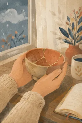 Healing Hands Holding Kintsugi Pottery Bowl