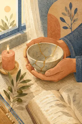 Hands Holding Kintsugi Bowl in Morning Light