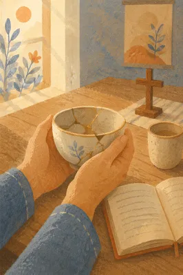 Hands Holding Kintsugi Bowl in Prayer Corner