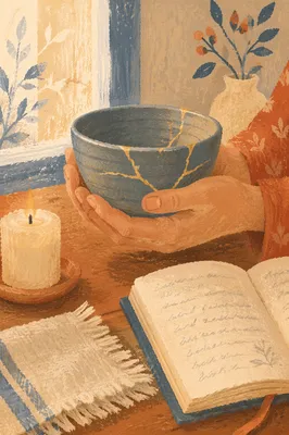 Hands Holding Kintsugi Bowl in Morning Light