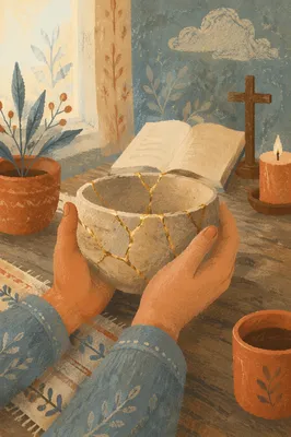 Hands Holding Kintsugi Bowl in Morning Devotion