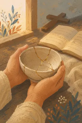 Hands Holding Kintsugi Bowl in Prayer