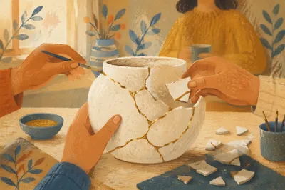 Hands Repairing Kintsugi Pottery with Gold Seams