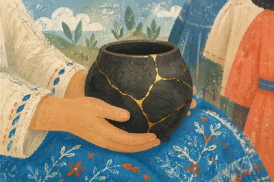 Hands Holding Gold Repaired Ceramic Vessel