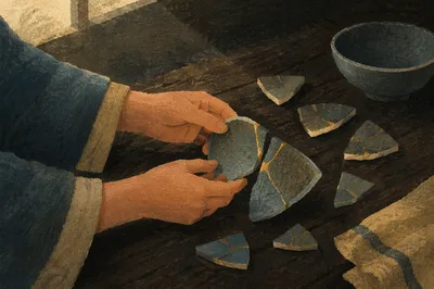 Hands Arranging Kintsugi Pottery Shards