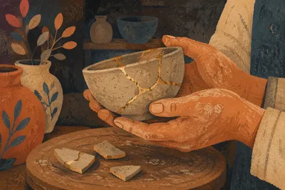 Hands Holding Kintsugi Repaired Broken Pottery