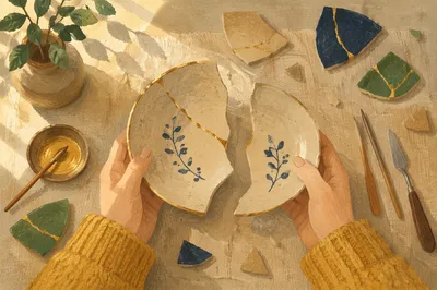 Hands Holding Broken Kintsugi Pottery Fragments